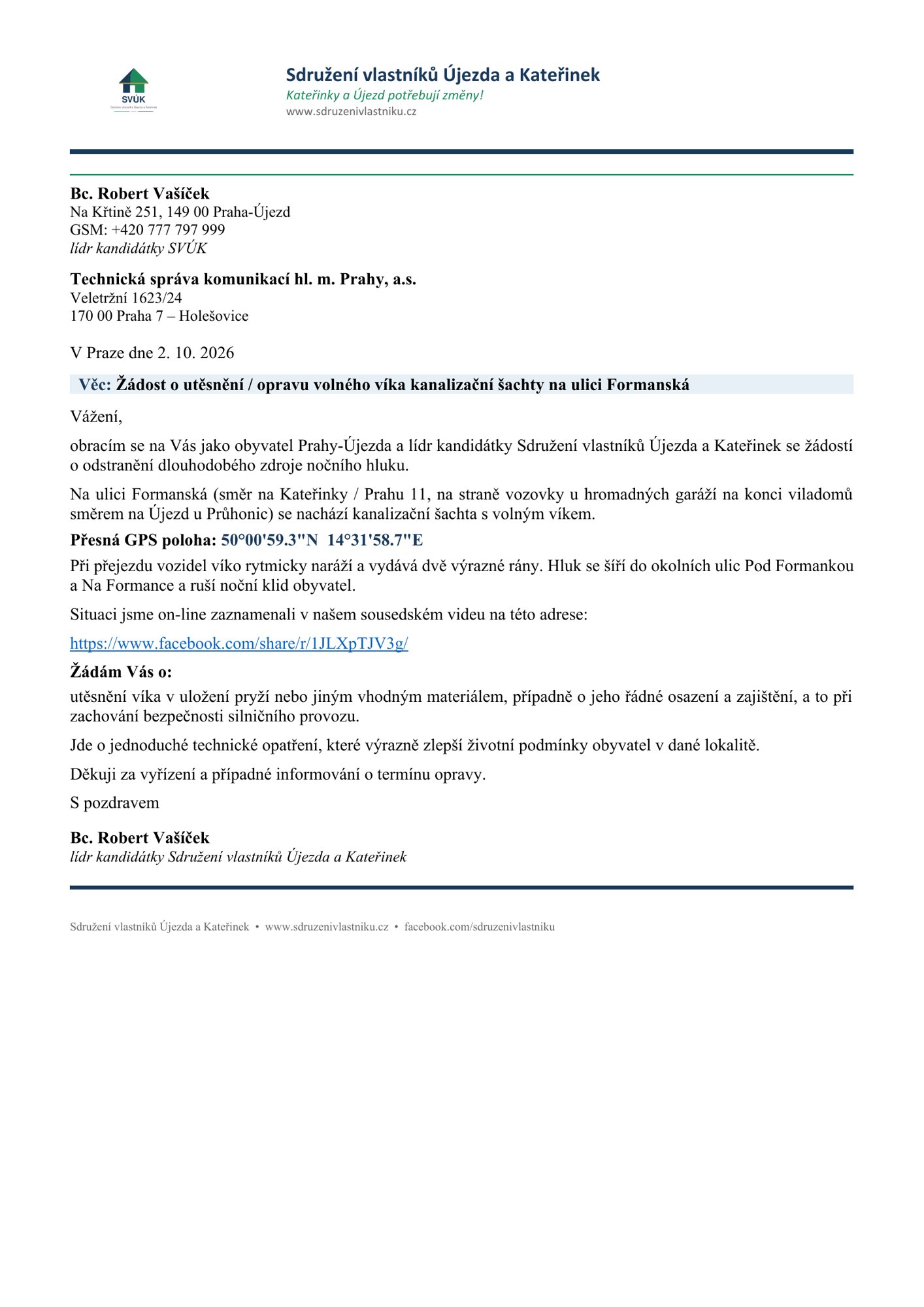 Náhled žádosti SVÚK adresované TSK hl. m. Prahy o opravu víka kanalizační šachty na ulici Formanská